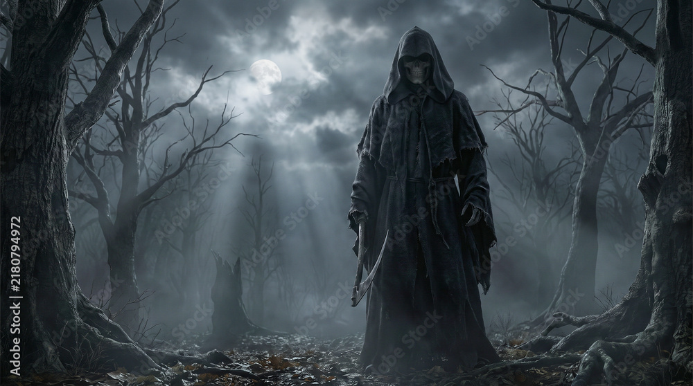 Fototapeta premium Aterradora figura de Grim Reaper con túnica negra y capucha en un bosque nocturno, rodeada de niebla y luz de luna, creando una atmósfera oscura, misteriosa y sobrenatural.
