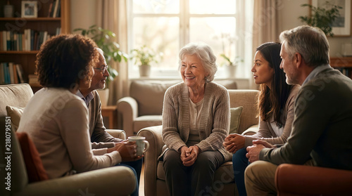 Group of diverse adults sitting in a circle and talking together in a living room