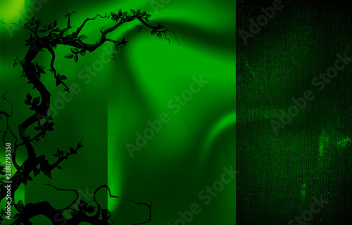 Dark forest green scene featuring silhouetted twisted tree branch on elegant draped fabric backdrop design.
