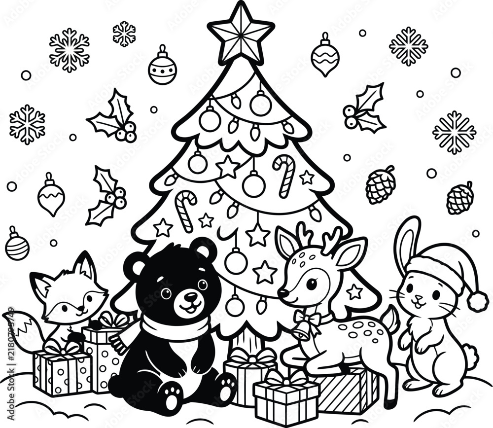 Fototapeta premium Christmas Coloring Page With Cute Animals Snowy Details And Festive Holiday Tree