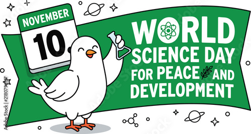 фотографія World science day for peace and development november tenth green banner cute bir