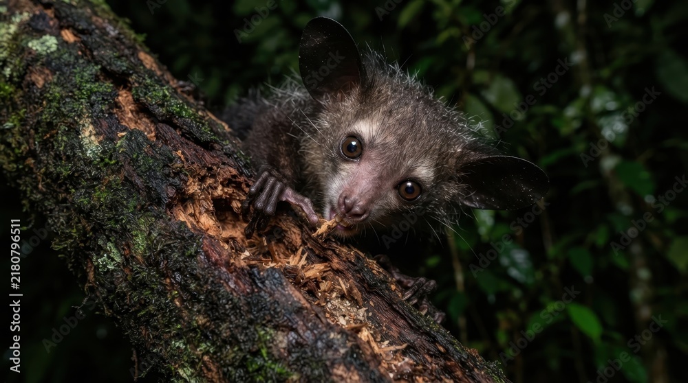 Fototapeta premium Aye-aye Lemur on Tree Branch: A striking aye-aye lemur with its distinctive large ears and wide eyes clings to a moss-covered tree branch in a dark, lush forest.