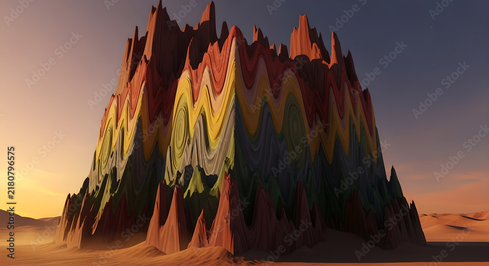 Obraz premium Vibrant Prismatic Mountain Formation with Rainbow Gradient Peaks in Surreal Desert Landscape