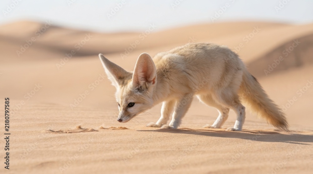 Obraz premium Fennec Fox in the Sand Dunes: A fennec fox with its characteristic large ears and sandy fur navigates the arid desert landscape, showcasing its adaptation to extreme environments.