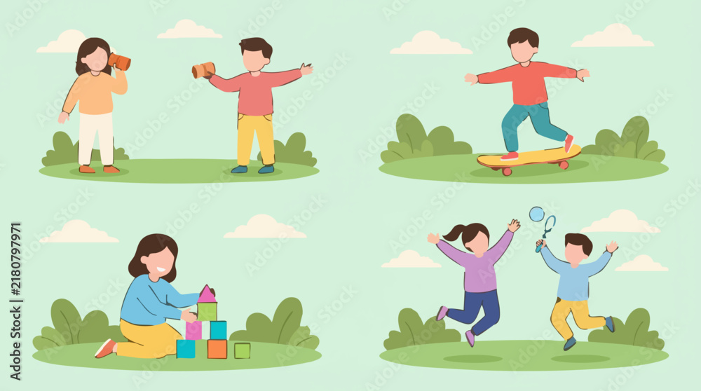 Fototapeta premium Children playing various outdoor games and leisure activities