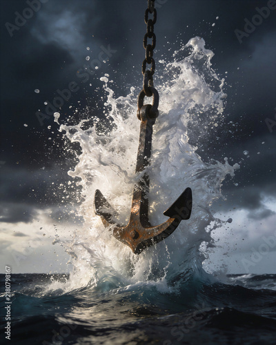Massive boat anchor dropping splash into dark stormy sea with explosive white foam and heavy chain.