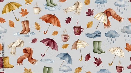 seamless watercolor surface pattern featuring cozy autumn rain elements