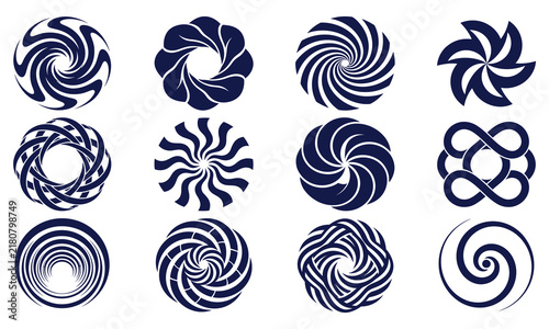 Set of abstract geometric circular logo icons and spiral elements