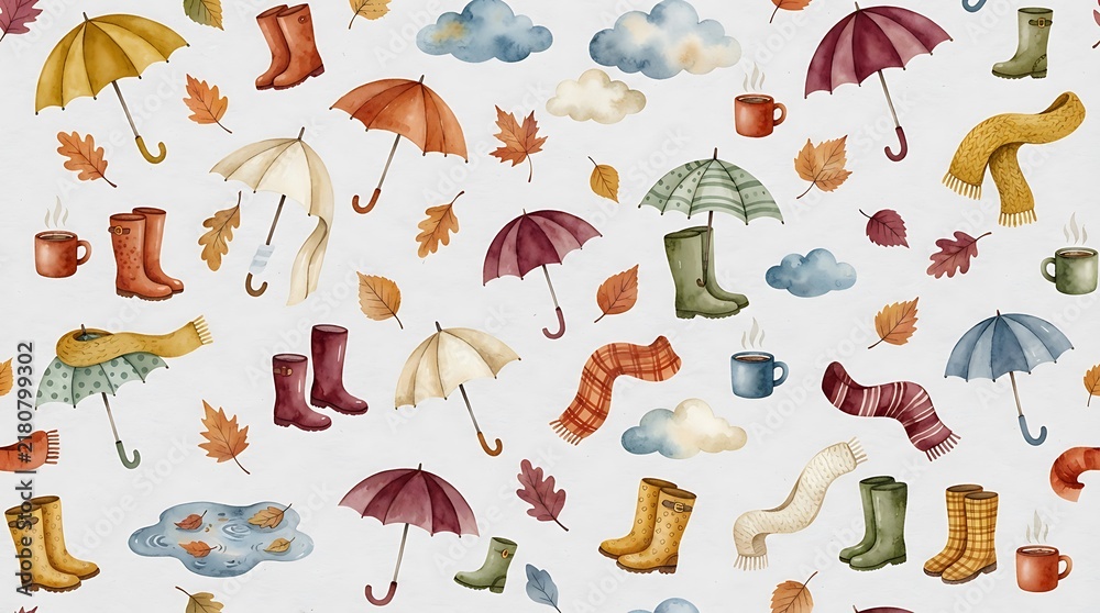 Obraz premium seamless watercolor surface pattern featuring cozy autumn rain elements