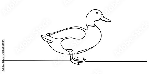 Foto Minimalist one line art drawing of elegant duck standing calmly on flat surface creating clean black ink design on pure white background for modern decor