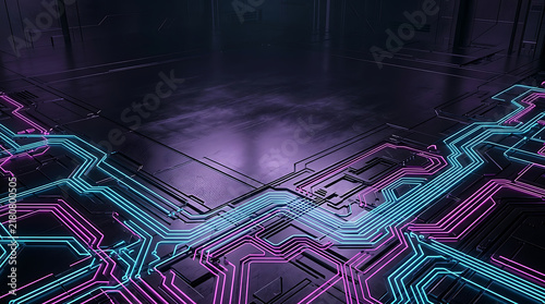 Abstract neon glowing blue and purple light lines forming a futuristic digital circuit pattern on a dark background