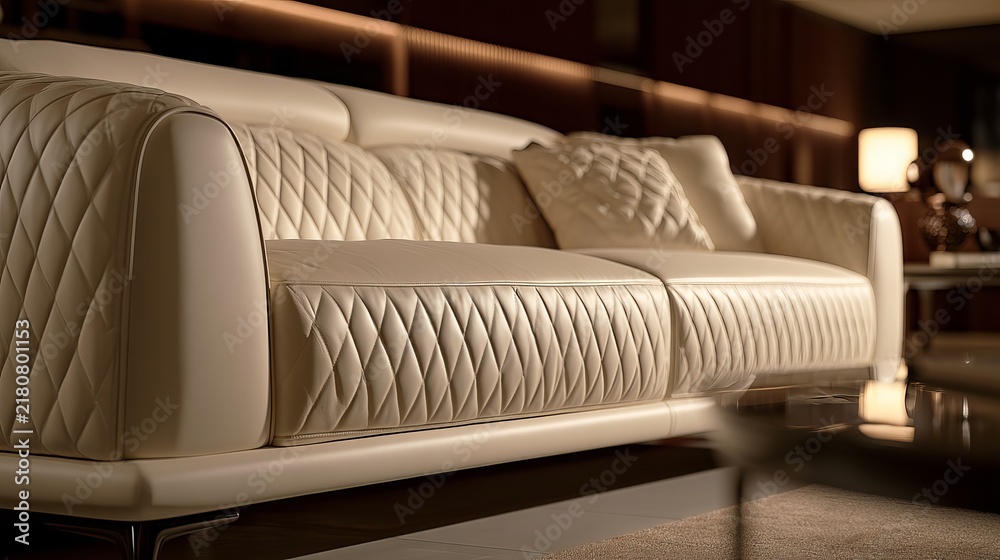 Obraz premium Luxurious white leather sofa with diamond stitching sits elegantly in a sophisticated living room setting, representing comfort