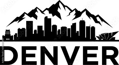 Black and white denver city skyline with mountains silhouette logo design