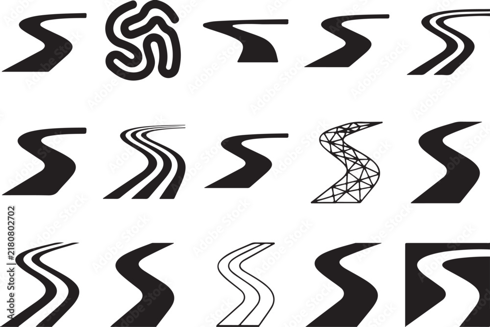 Fototapeta premium Set of various curved roads and winding paths, abstract top-down views for transportation concepts.