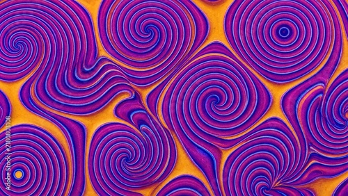 Vibrant psychedelic spiral pattern background with purple orange hypnotic swirl texture close up view
