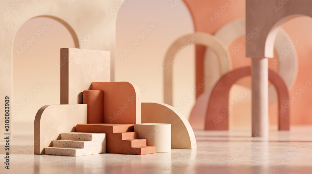 Fototapeta premium A minimalist abstract scene features geometric shapes and platforms arranged as a multi-level display. Rendered with a soft, warm color palette of beige, terracotta, and muted orange, the composition 