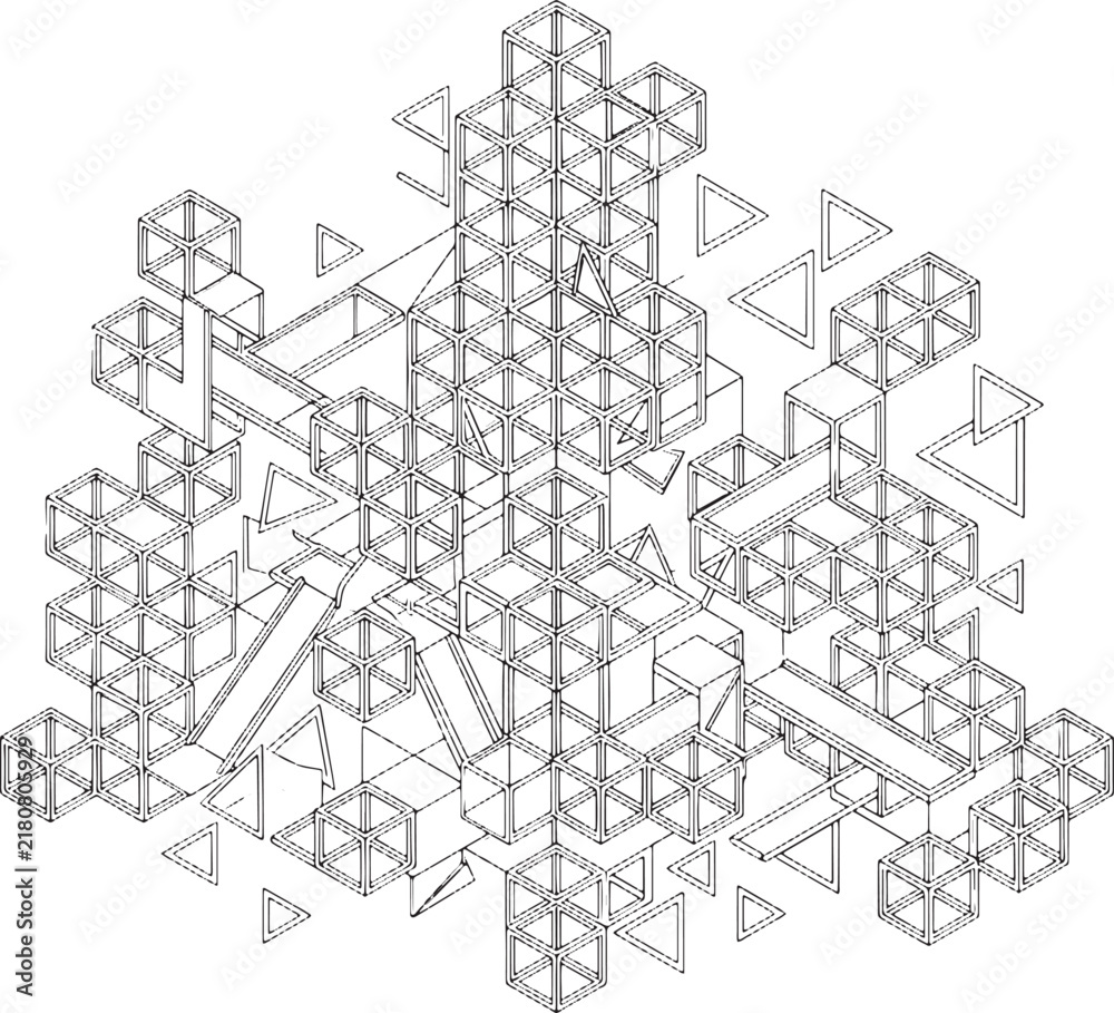 Fototapeta premium Abstract isometric wireframe structure composed of interconnected cubes and floating geometric triangles on white