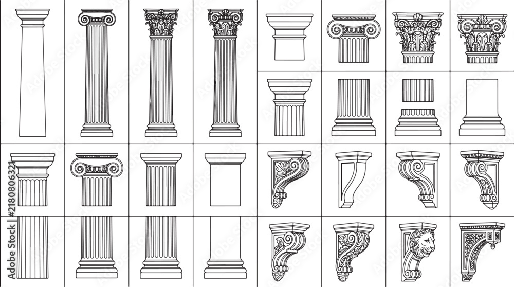 Obraz premium Collection of classical architectural columns and ornate decorative corbels in a detailed black and white line drawing