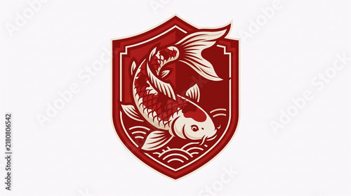 Two Koi Fish In Decorative Red Shield Emblem Design