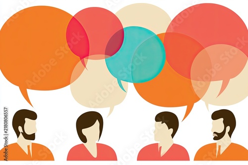 Modern illustration of diverse professional avatars with overlapping speech bubbles in vibrant colors, representing business communication and collaboration concepts