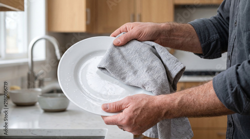 Naklejka Drying a Clean Plate With a Kitchen Towel