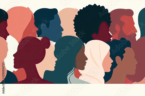 Illustration of diverse men and women in profile view, showcasing varied hairstyles, natural textures, and headscarves, emphasizing modern diversity and inclusion concepts