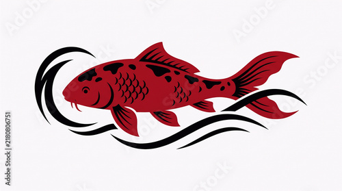 Red Koi Fish Swimming With Flowing Black Water Waves
