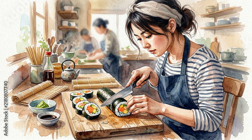 Young woman preparing sushi rolls in a cozy kitchen  