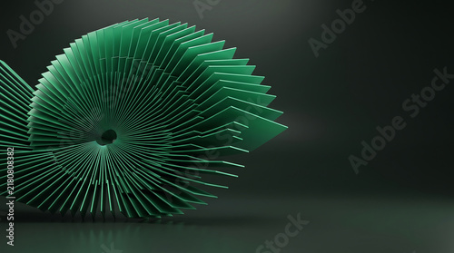 Green abstract spiral sculpture on dark background with sculpture abstract geometric structure minimalist composition background decorative artistic creativity rotation perspective