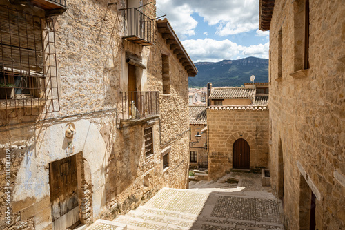 street with typical houses in Valderrobres, Comarca of Matarrana, province of Teruel, Aragon, Spain