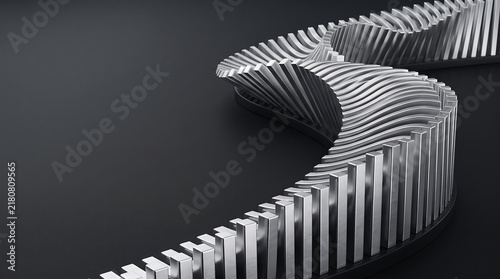 Wavy metallic structure with repetitive vertical segments on dark background metallic sculpture abstract structure geometry repetition vertical minimalist composition background decorative