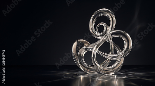 Translucent glass spiral sculpture on dark reflective surface with sculpture translucent abstract reflection structure geometry minimalist composition background decorative artistic