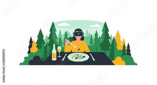 Woman Wearing VR Headset Dining in Digital Forest Illustration