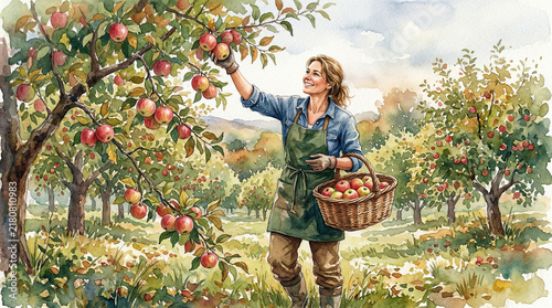 Woman picking apples in an orchard with a basket in hand  