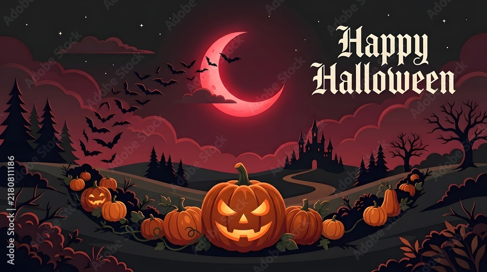 Fototapeta premium Spooky halloween night scene with jack o lanterns and a glowing crescent moon