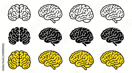 Collection of 12 stylized human brain icons, arranged in a clean 4×3 grid on a pure white background.