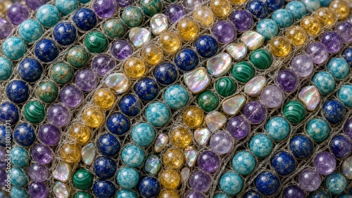 Colorful gemstone beads pattern with lapis lazuli turquoise amethyst amber mother of pearl craft texture background
