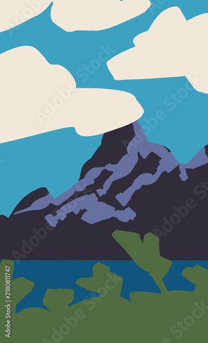 Colorful mountain landscape with sea. Trendy vector illustration