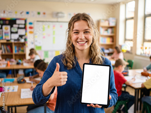 smiling young female teacher shows approving thumb up and modern tablet with white blank screen mockup on background of school classroom with pupils sitting at their desks