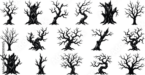 black and white illustration of bare trees for halloween