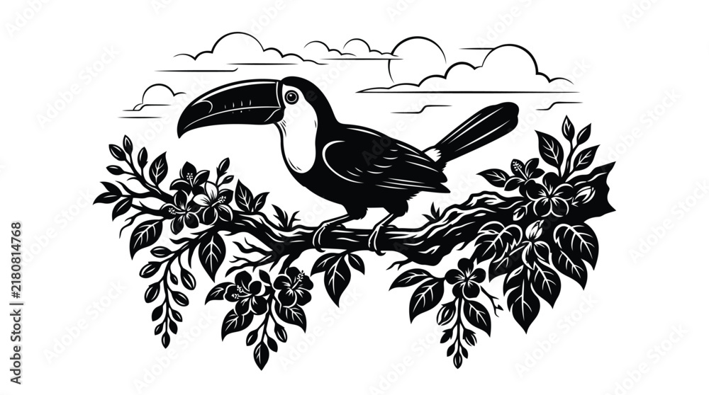 Obraz premium Black and white toucan bird sitting on branch with foliage illustration isolated on white background