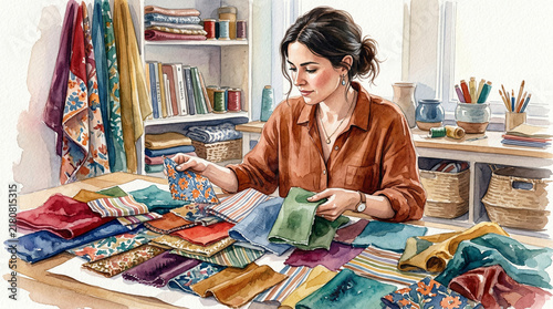 Young woman sorting colorful fabric swatches in a creative workspace  