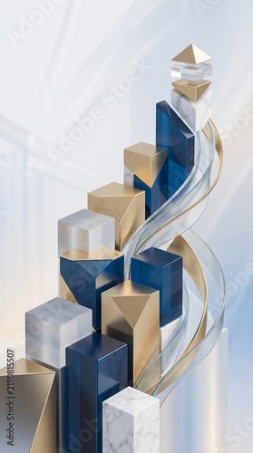 Abstract composition featuring stacked geometric shapes in blue gold and white marble textures with a flowing glass ribbon