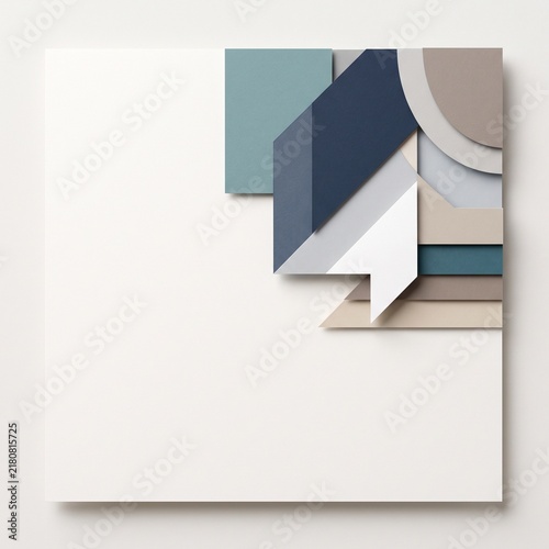 Abstract composition with geometric paper cut shapes in blue and neutral tones creating a modern minimalist layered background
