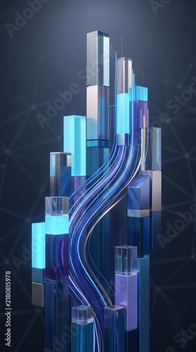 Abstract digital background featuring vertical glowing glass pillars and interconnected flowing light lines representing modern technology and data