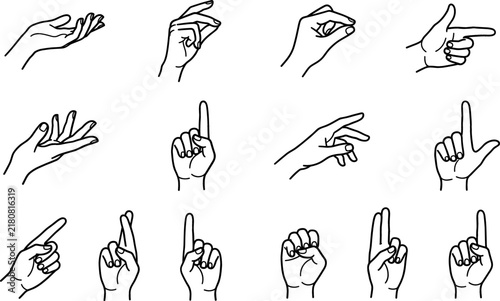 Minimalist Hand Gestures Line Art Vector Icon Set Featuring Various Positions Like Pointing, Holding, Counting, and Sign Language Symbols for Graphic Design