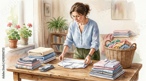 Woman folding laundry at a wooden table in a cozy living room  