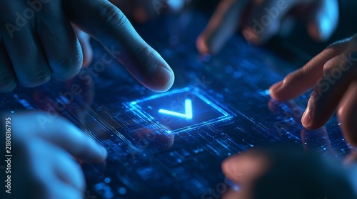 Fingers hovering above glowing digital interface, selecting an arrow symbol, representing technology, decision, or data analysis