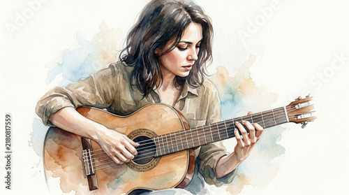 Young woman playing acoustic guitar with focus on expression  