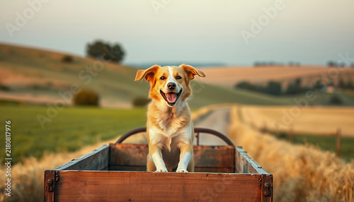 Happy dog standing in a wooden cart on a rural farm road during golden hour sunset.